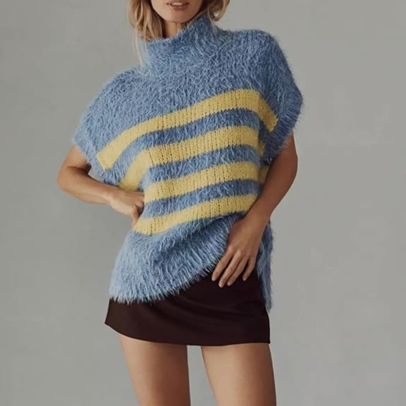 Anthropologie Pilcro Mock-Neck Short Sleeve Sweater Stripes Size Medium NWT - Picture 3 of 14